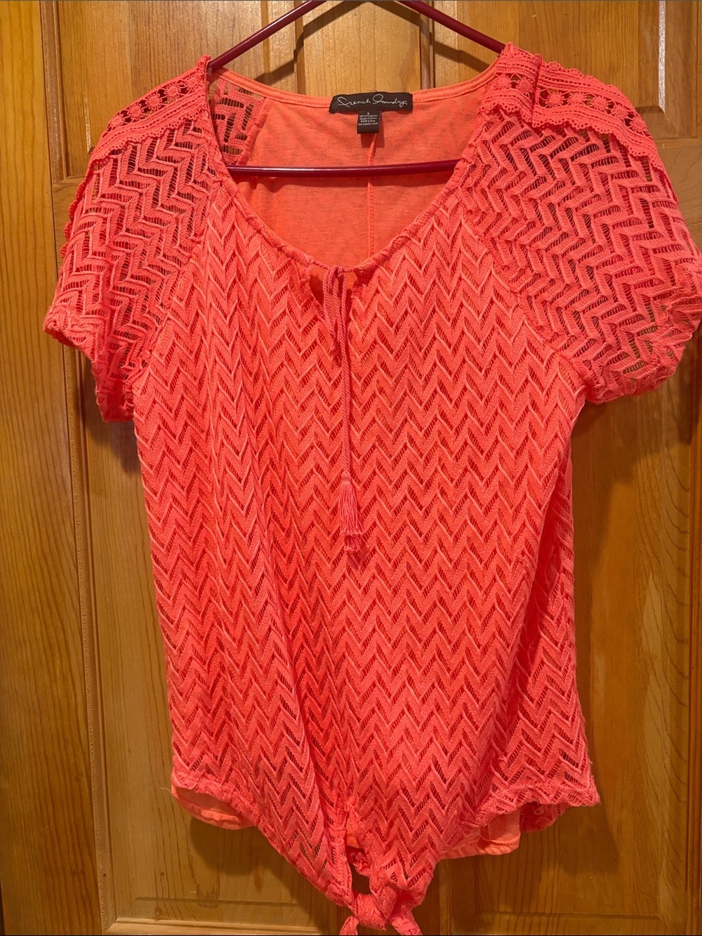 French Laundry Coral Tie-Front Crochet Tunic Top